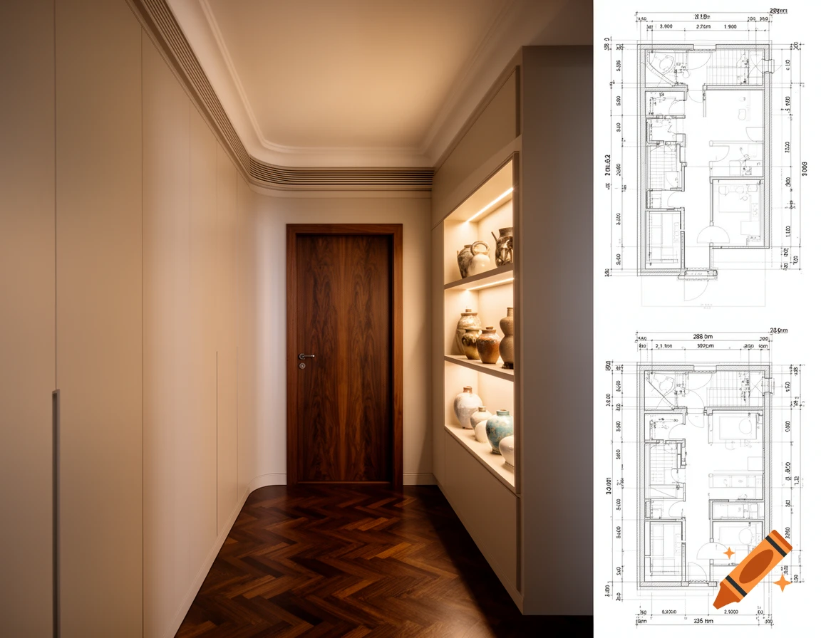 Photorealistic view of a minimalist apartment hallway with parquet floor, wooden door, illuminated shelving, and architectural blueprints.