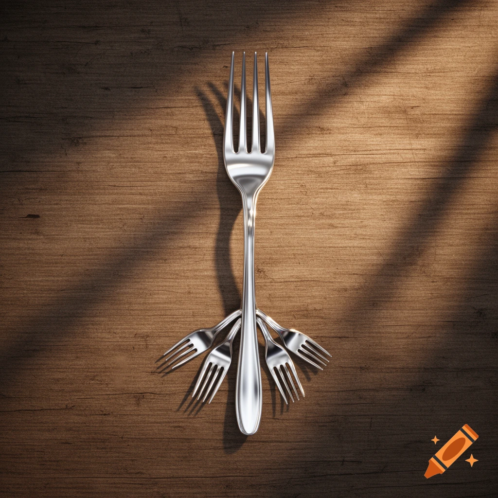 A large silver fork with five smaller forks fanned out from its handle on a wooden surface with dappled light.