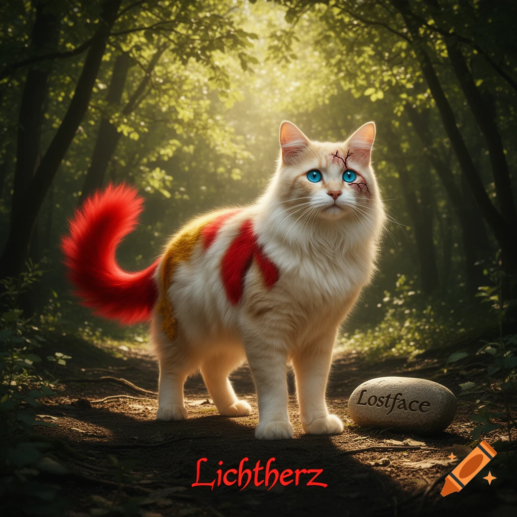 A white cat with red and gold markings, a red tail, blue eyes, and a scarred face stands on a forest path. A stone reads 'Lostface' and 'Lichtherz' is written below.