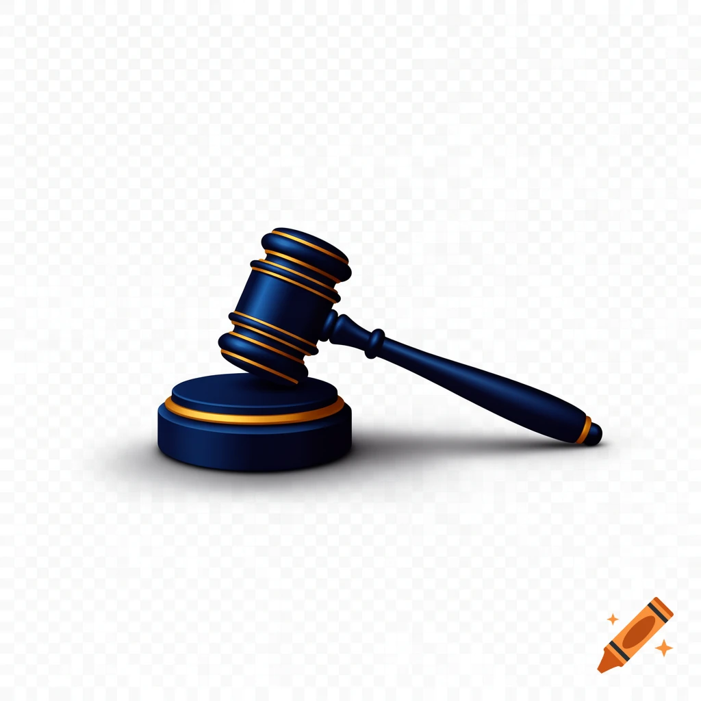 A deep navy blue and gold judge's gavel rests on its sound block on a transparent background, in a clean flat vector style.
