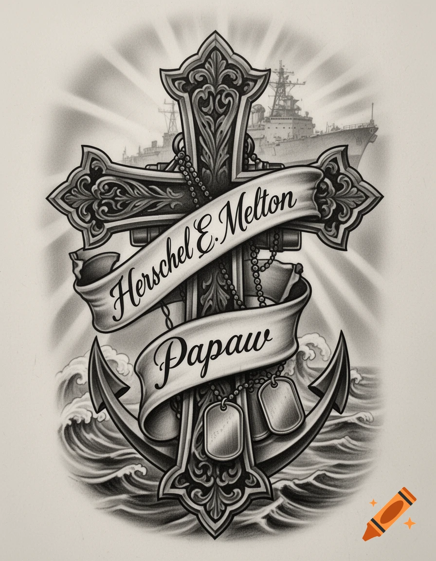 Black and gray memorial tattoo with Christian cross, anchor, ship, dog tags, and names 'Herschel E. Melton' and 'Papaw' in a realistic stencil style.