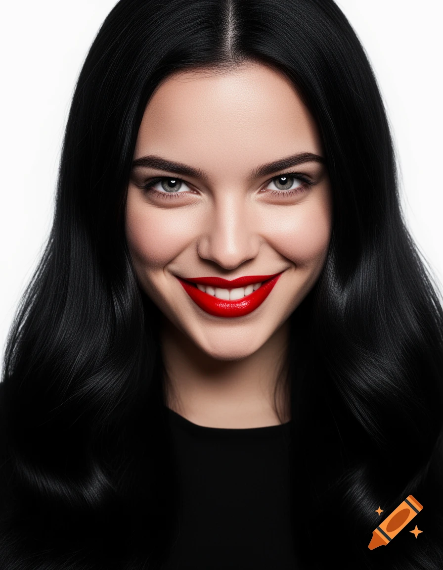 Photorealistic portrait of a smiling woman with long black hair and bright red lips, looking directly at the viewer.