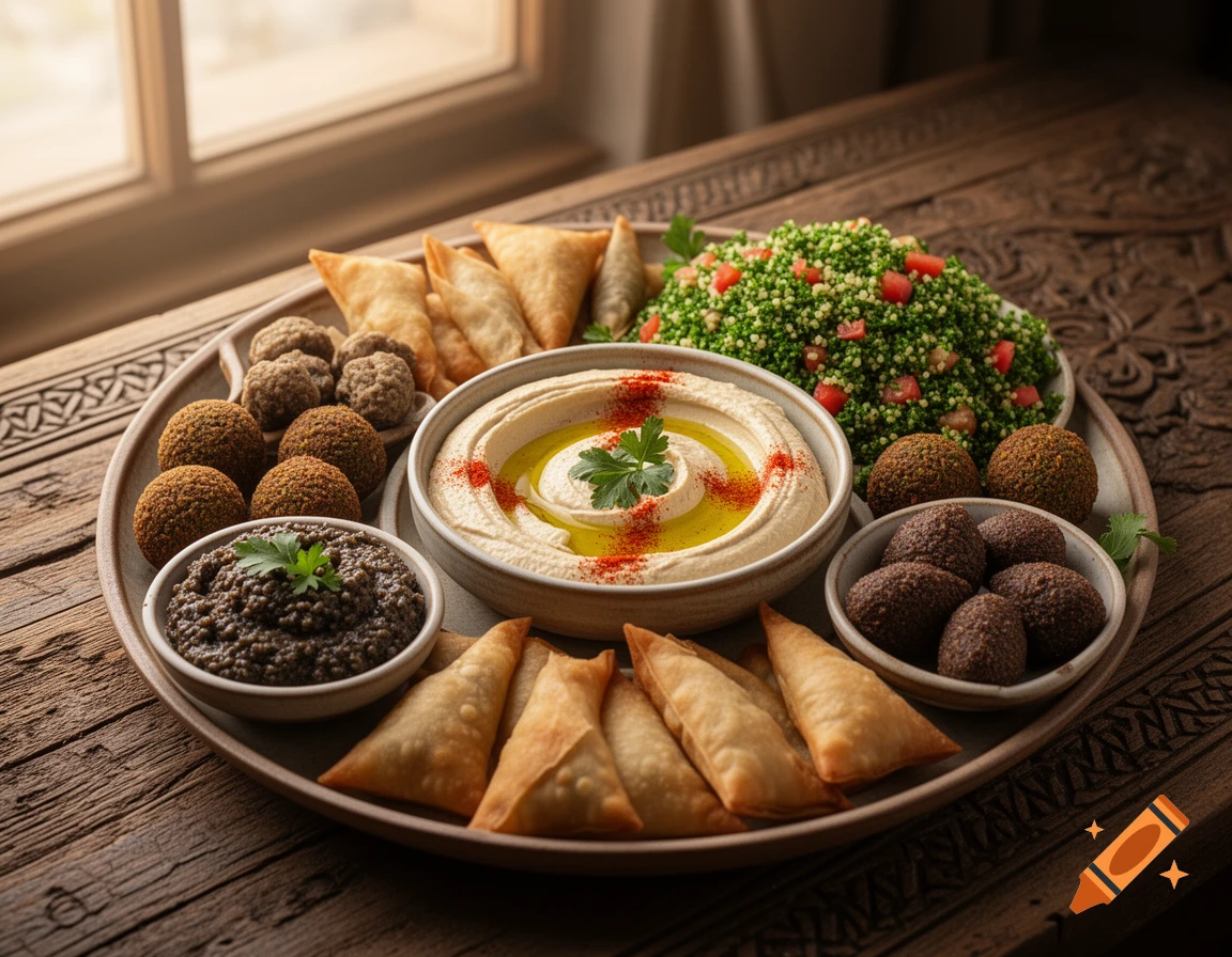 A generous Lebanese mezze platter featuring hummus, tabbouleh, falafel, kebbe, samosas, and eggplant dip on a carved wooden table by a sunlit window.