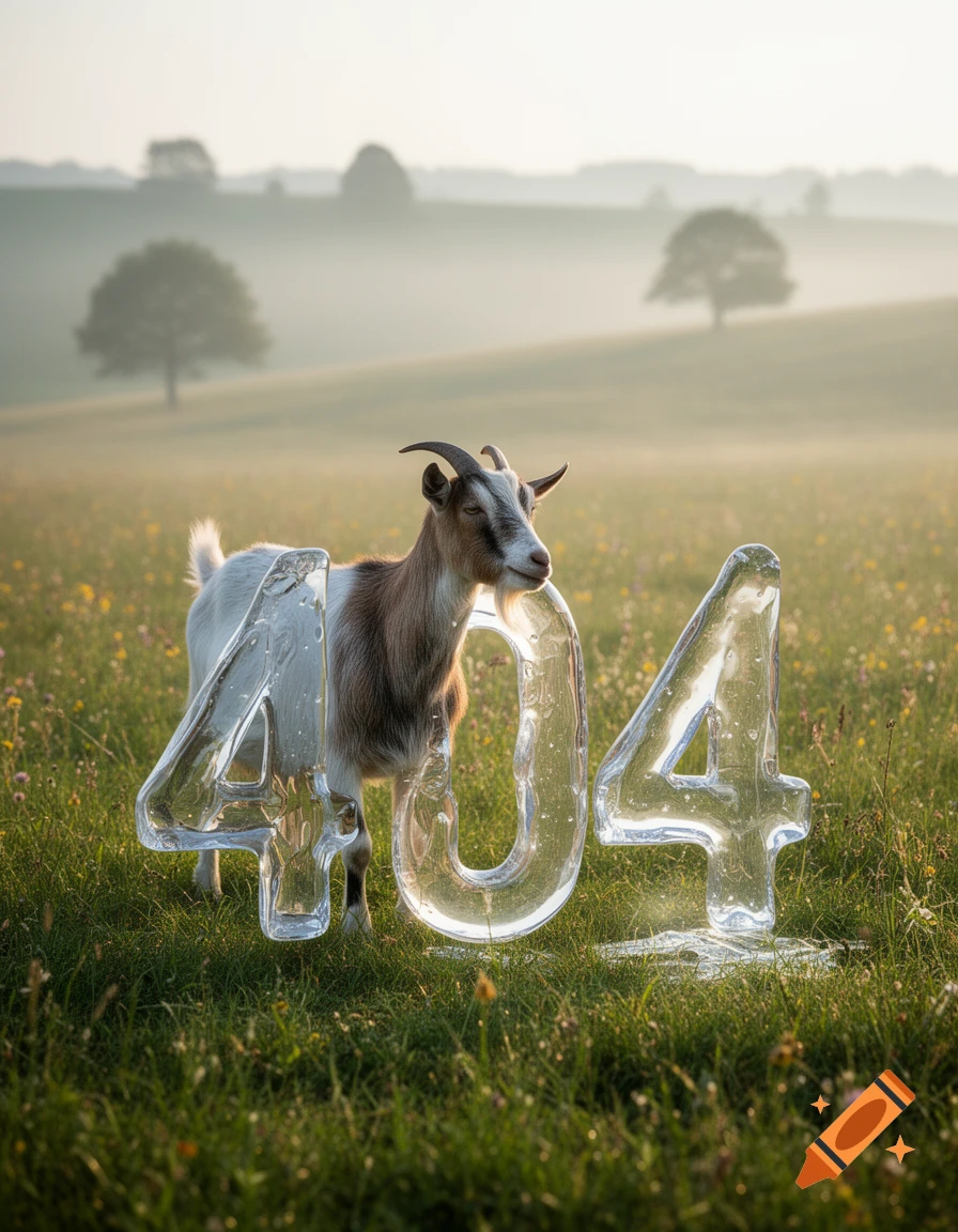 A goat stands in a misty, grassy field between large, melting ice sculptures of the numbers "4" and "0", with another "4" nearby.