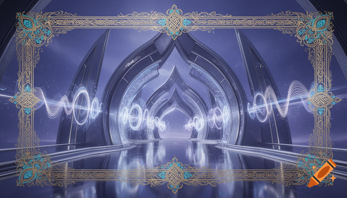 A majestic ceremonial gateway of interlocking tunnels with reflective walls and glowing sound-light waves, framed by a gold and turquoise ornamental border.