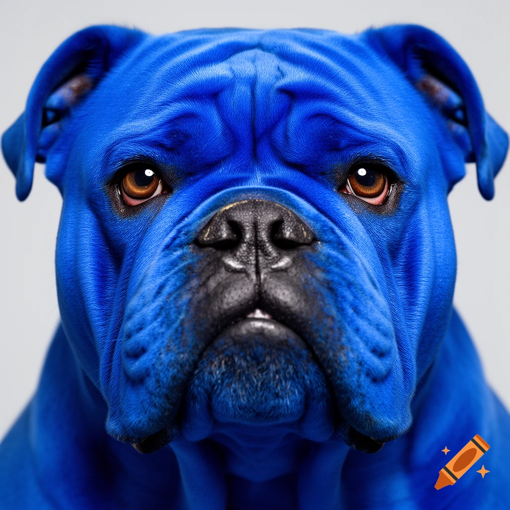 Close-up of a vibrant blue bulldog's head with dark eyes, set against a plain light background.