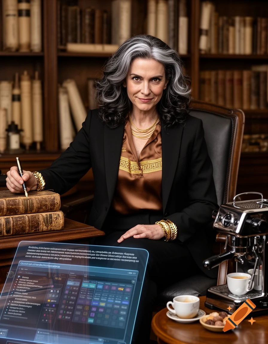 Photorealistic portrait of a professional woman with gray-streaked hair, at a desk with books and a holographic screen.