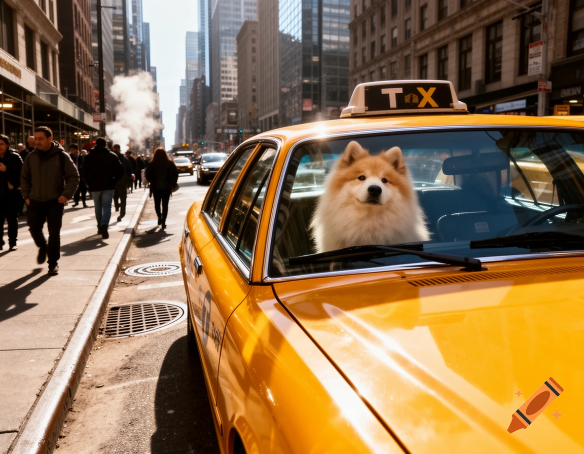 A fluffy dog sits in the front seat of a yellow taxi on a busy New York City street with tall buildings.
