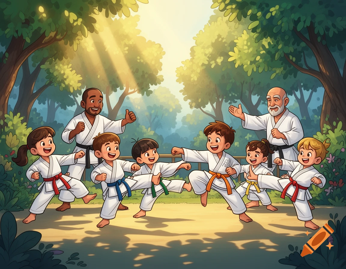 A cheerful cartoon shows two adult instructors and five children practicing karate outdoors in a sunny, green park.