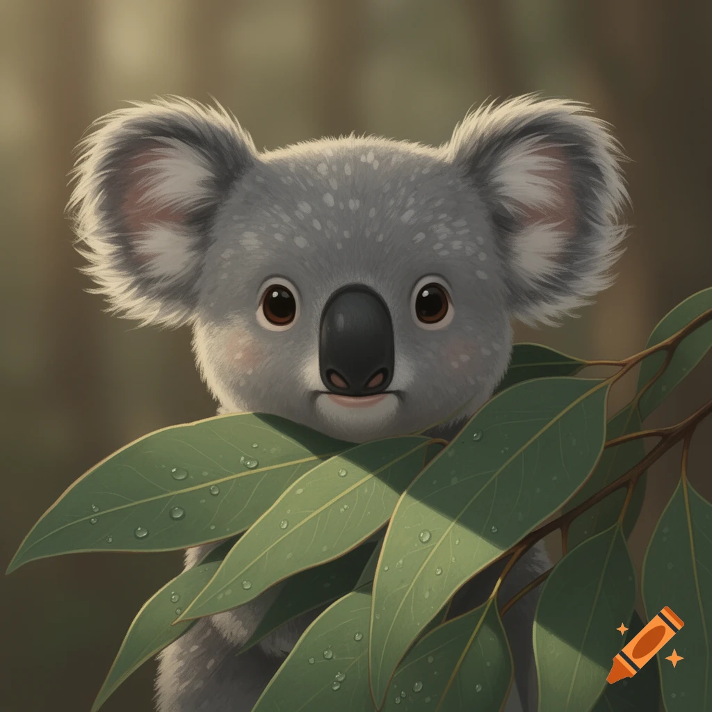 Cute, fluffy koala peeking from behind green eucalyptus leaves with water droplets in an illustrative style.