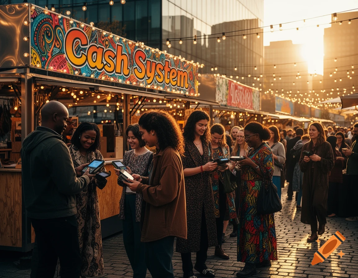Diverse people use mobile payment devices at an outdoor market with string lights and city buildings at sunset.