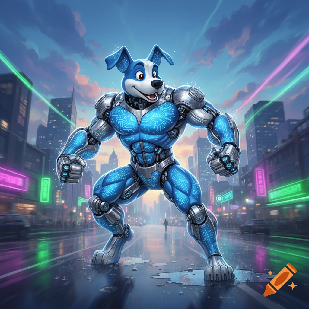 A muscular blue cartoon robot dog with circuit patterns stands on a wet city street with neon lights.