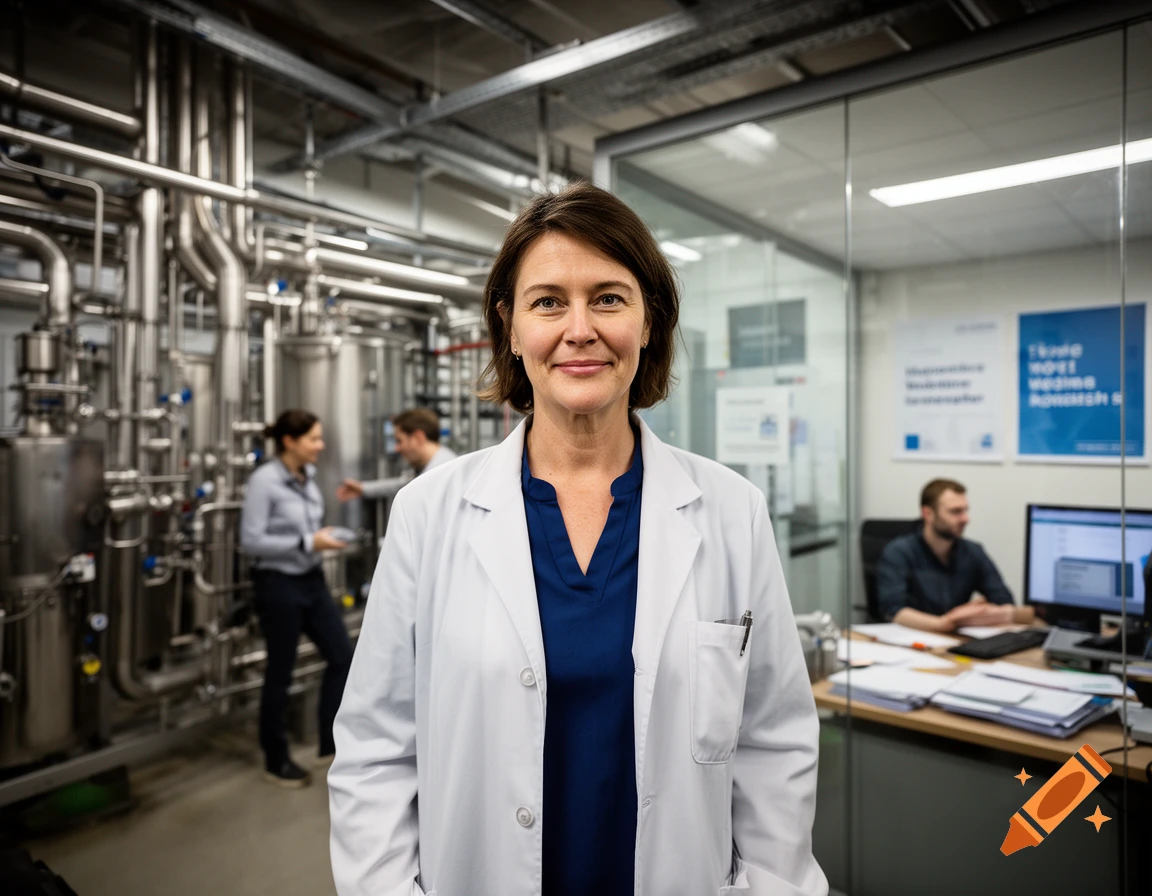 A smiling woman in a white lab coat and blue shirt stands in a chemical plant, with engineers working in the background.