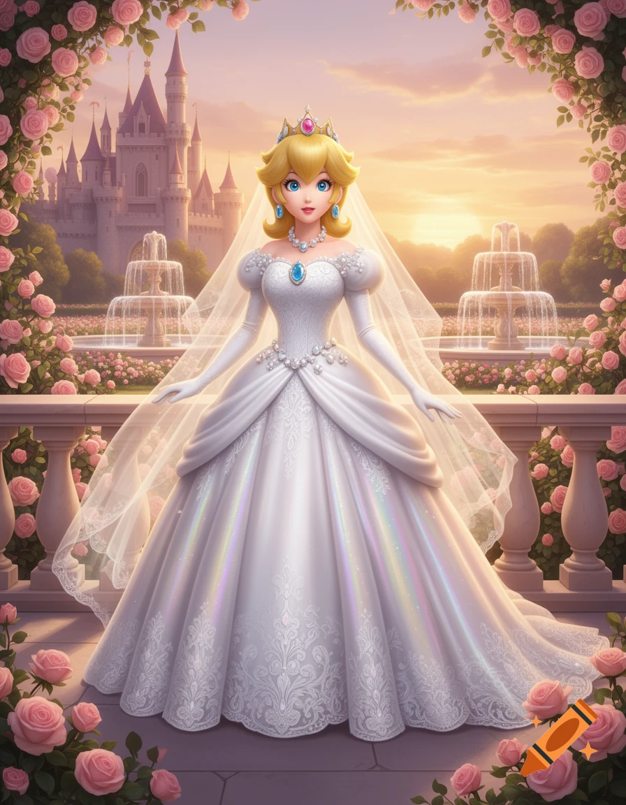 Princess Peach in a white wedding dress and veil stands on a balustrade in a lush garden with pink roses, fountains, and a castle at sunset.