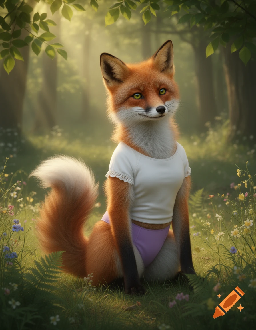 An anthropomorphic fox with green eyes, wearing a white shirt and violet panties, sits in a sun-dappled forest clearing.