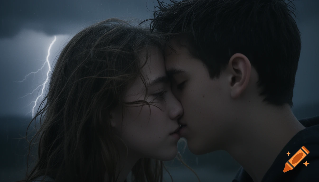 Cinematic close-up of a teenage couple with messy hair, nearly kissing, against a dark, stormy sky with lightning.