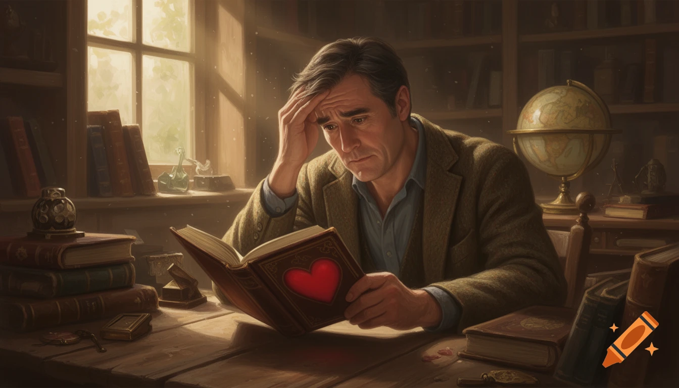 A painting of a pensive man scratching his head while reading a book with a red heart on the cover in a sunlit study.