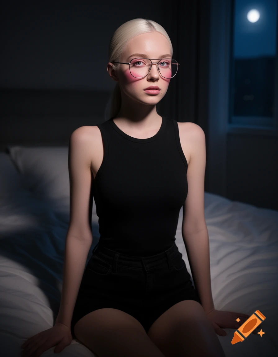 A platinum blonde woman with glasses and pink cheeks wears a black tank top and shorts, sitting on a bed in a dark room with a moonlit window.