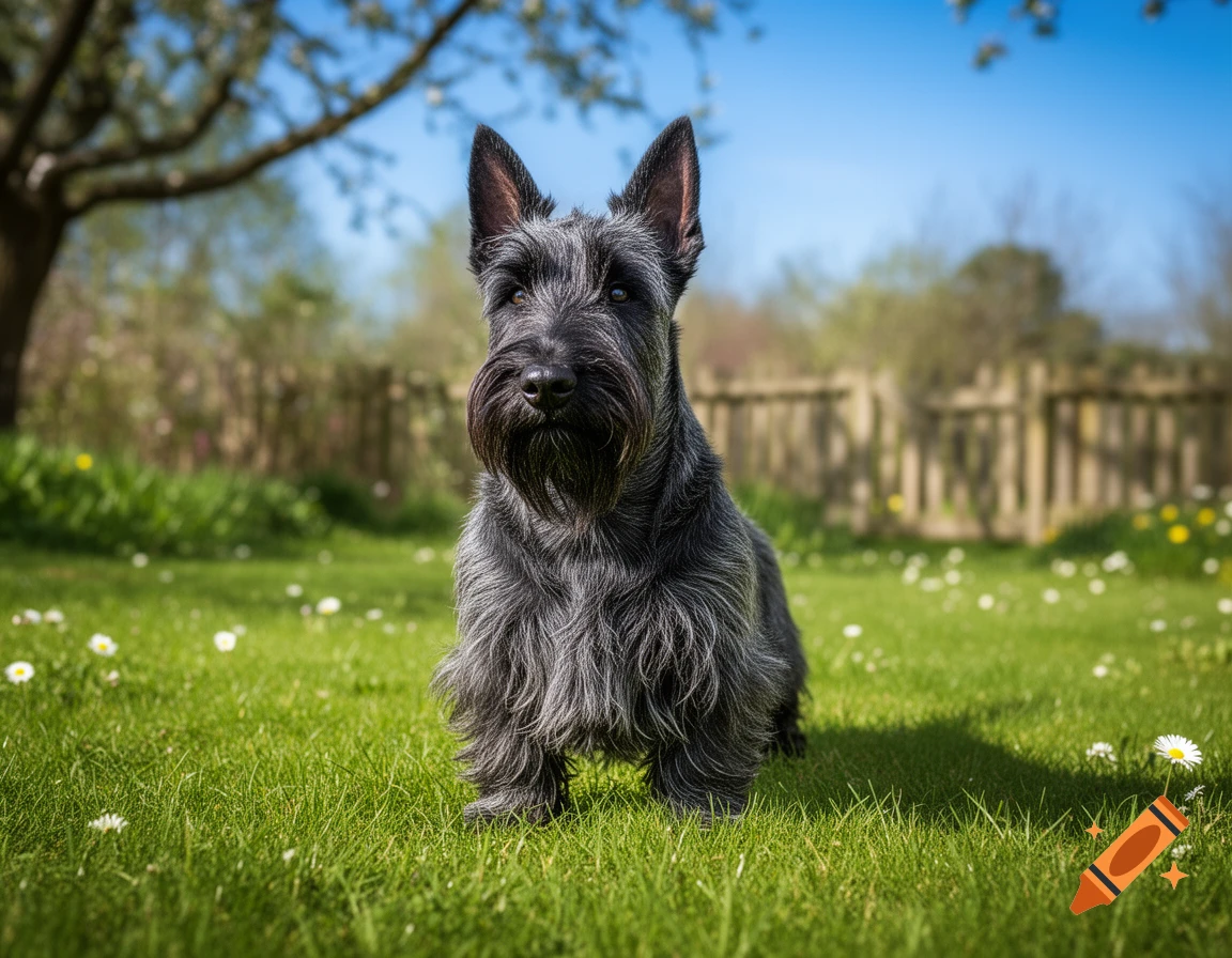 A black Scottish Terrier stands in the middle of a vibrant green lawn with white daisies, under a clear blue sky.