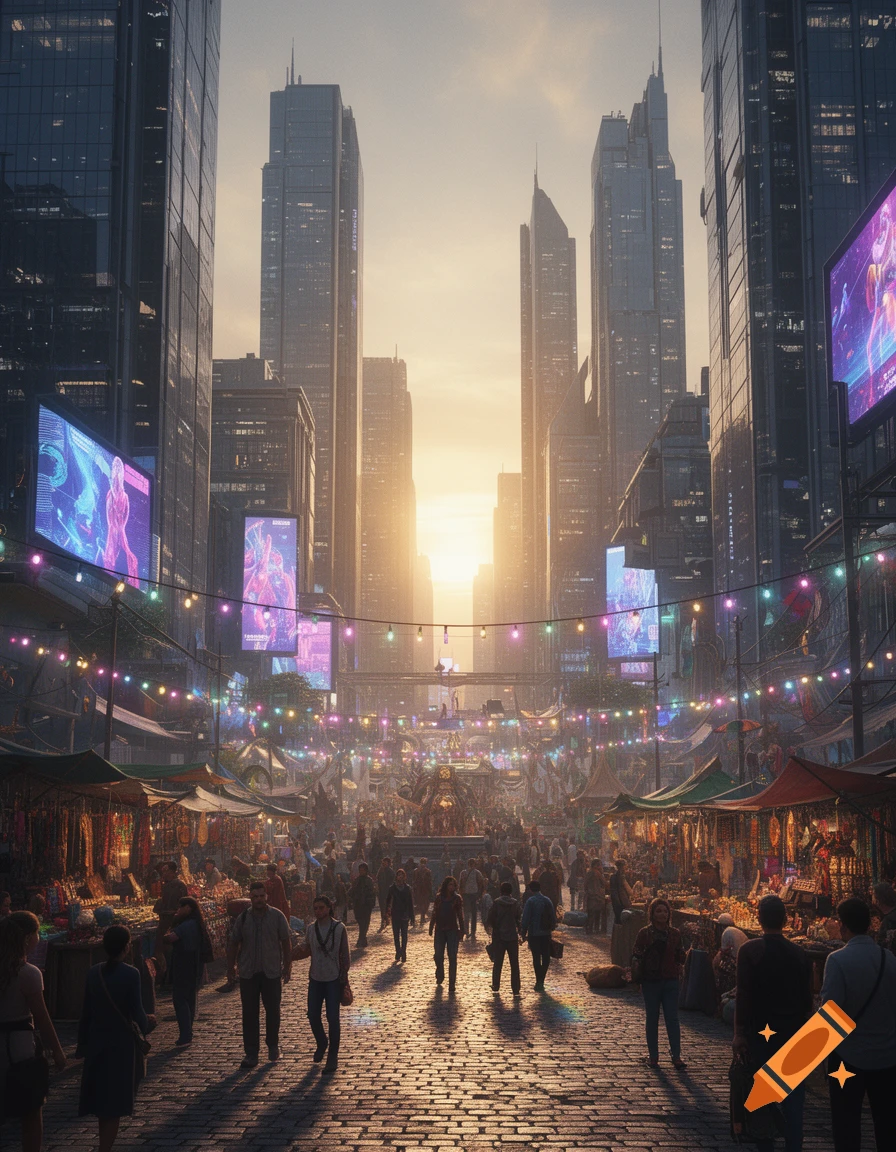 A bustling futuristic city street market at sunset, with tall skyscrapers, illuminated market stalls, many pedestrians, and large digital billboards.