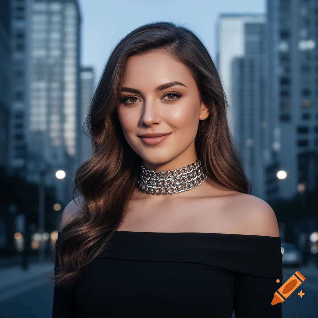 A woman with long brown hair, wearing a black off-shoulder top and a layered chain choker, smiles at the camera in a city street.