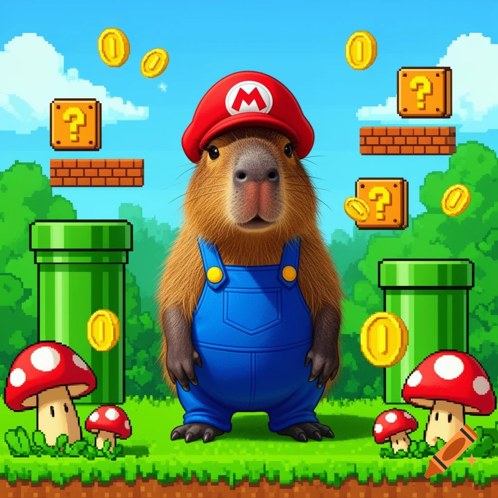 A capybara dressed as Mario in a pixelated Super Mario Bros. video game world with pipes, question blocks, coins, and mushrooms.