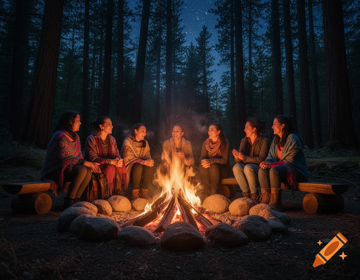 Six women sit around a glowing campfire in a dark forest at night, under a starry sky, laughing and talking.