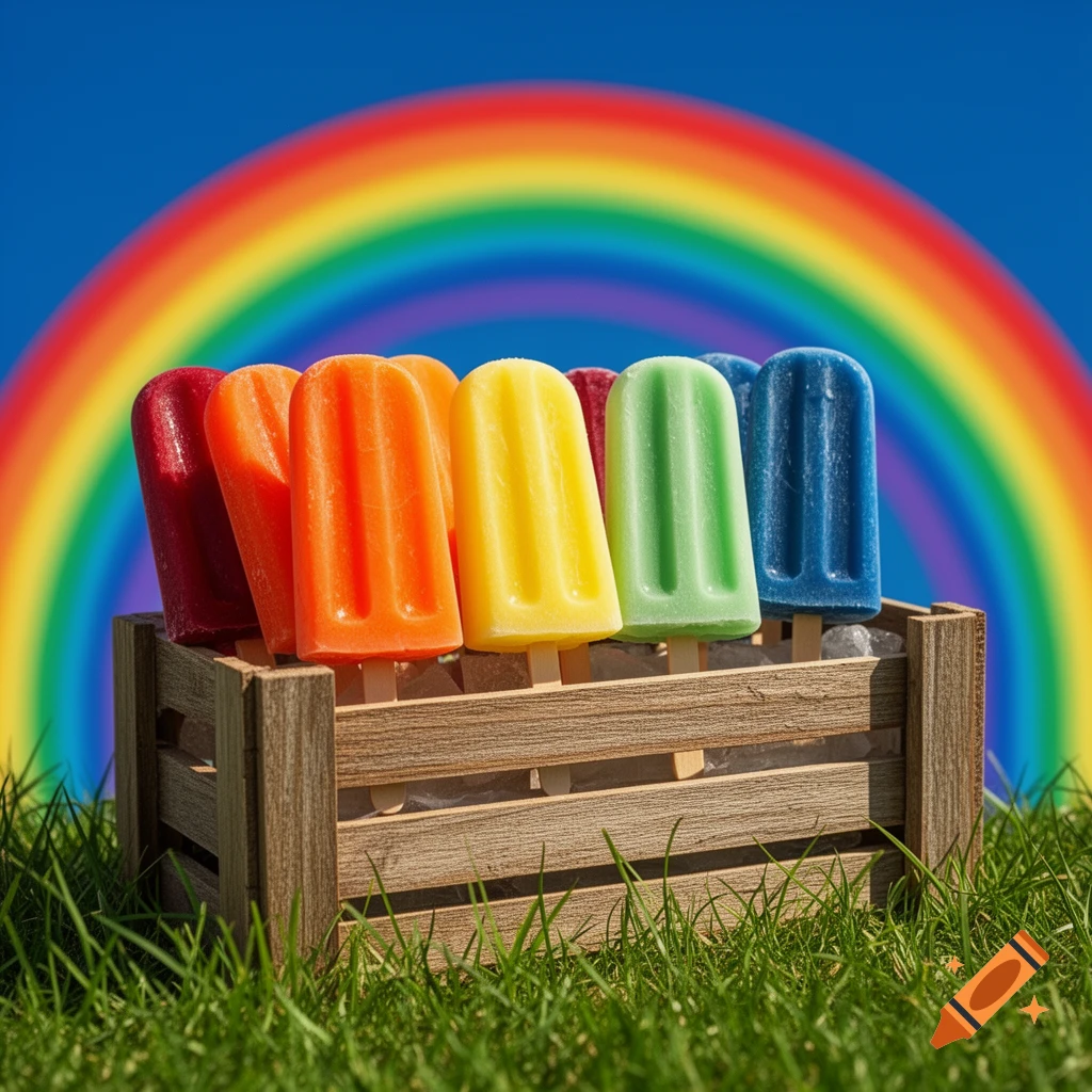 Colorful popsicles in a wooden crate on green grass under a blue sky with a vibrant rainbow.