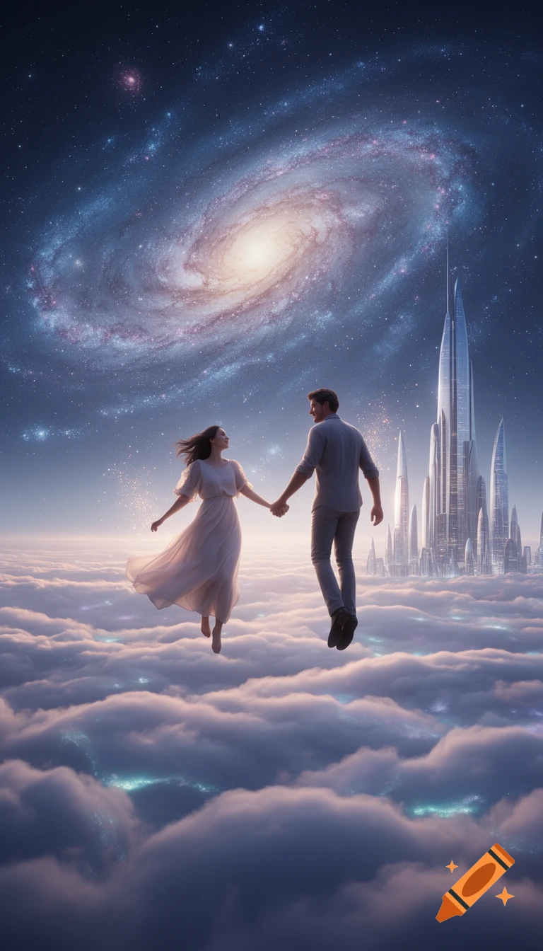 A man and woman float hand-in-hand above luminous clouds, with a spiral galaxy and futuristic city in the cosmic background.