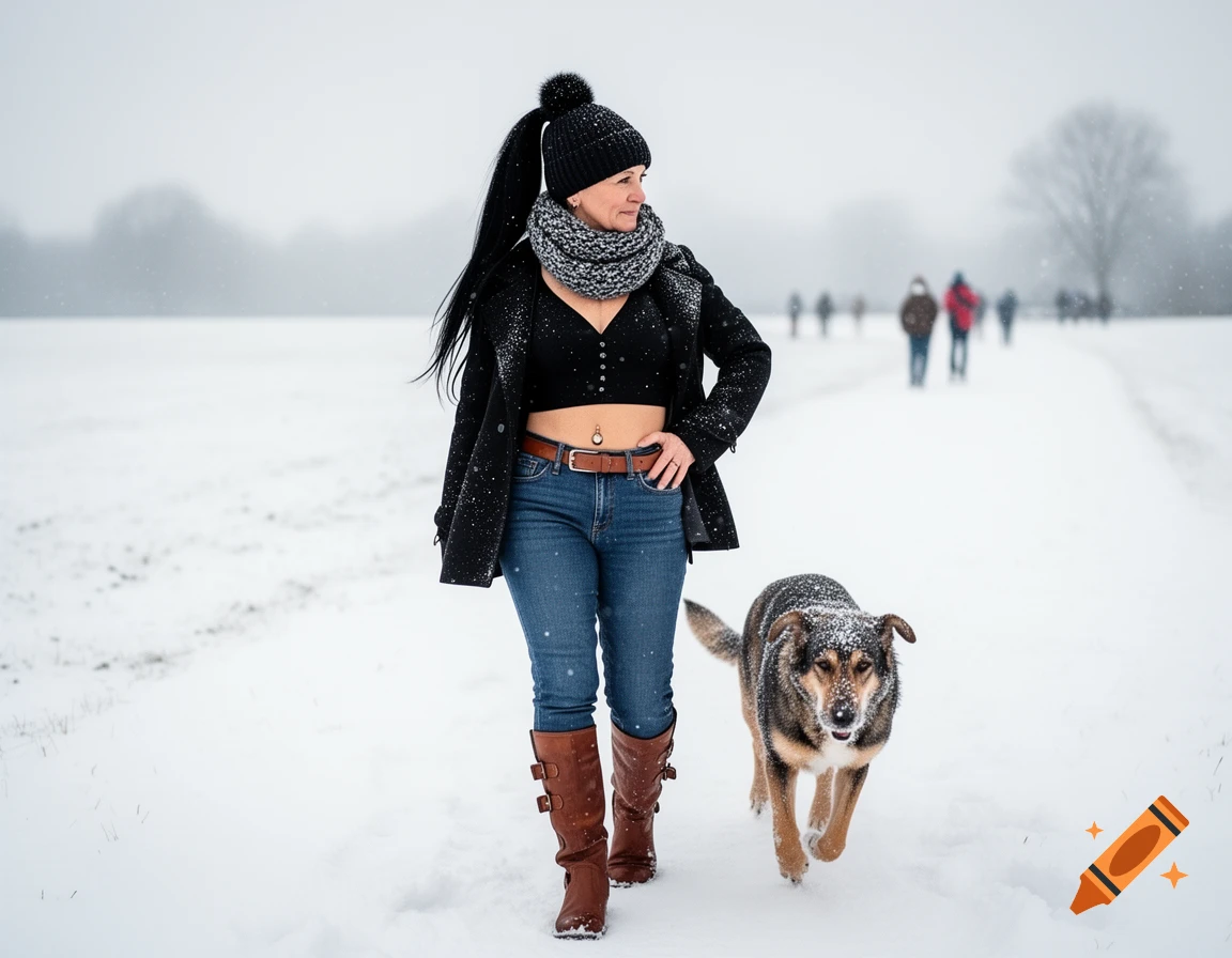 A woman in a crop top, winter coat, hat, scarf, jeans, and boots walks with a dog in a snowy field.