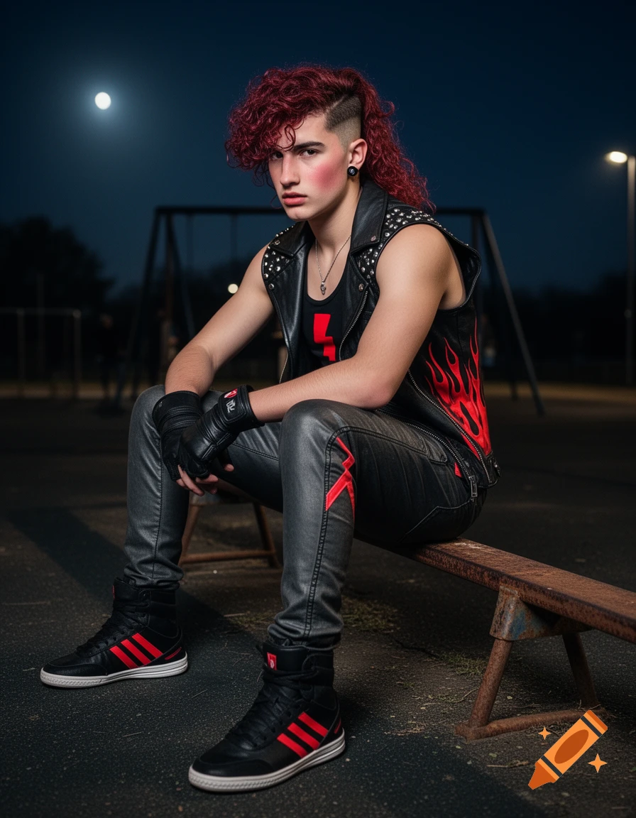 A person with red curly hair and an undercut sits on a rusty bench at night, wearing a studded leather vest with flame patterns, a red lightning bolt tank top, leather pants with red accents, black gloves, and sneakers with red stripes. A streetlight and moon are in the background.