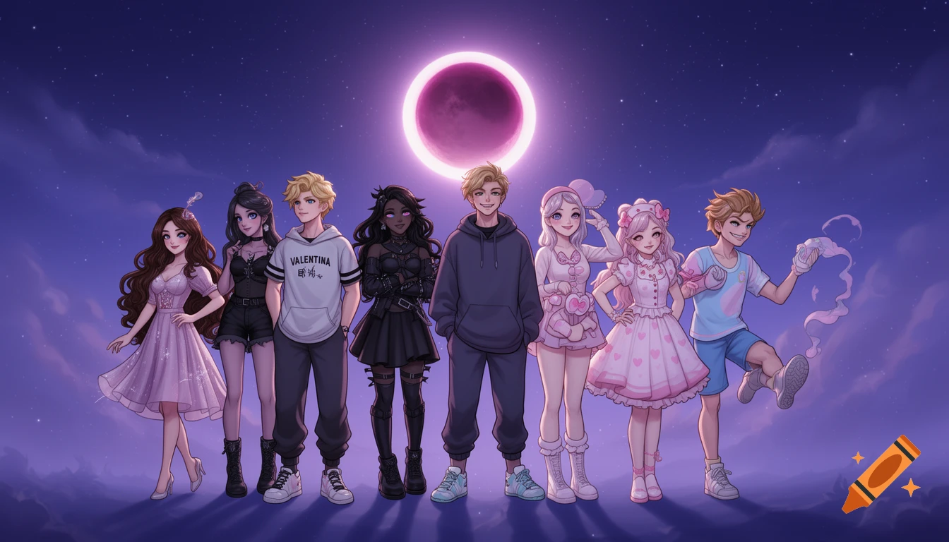 An anime-style group portrait of eight diverse friends standing under a purple lunar eclipse in a starry night sky, rendered in a cinematic style.