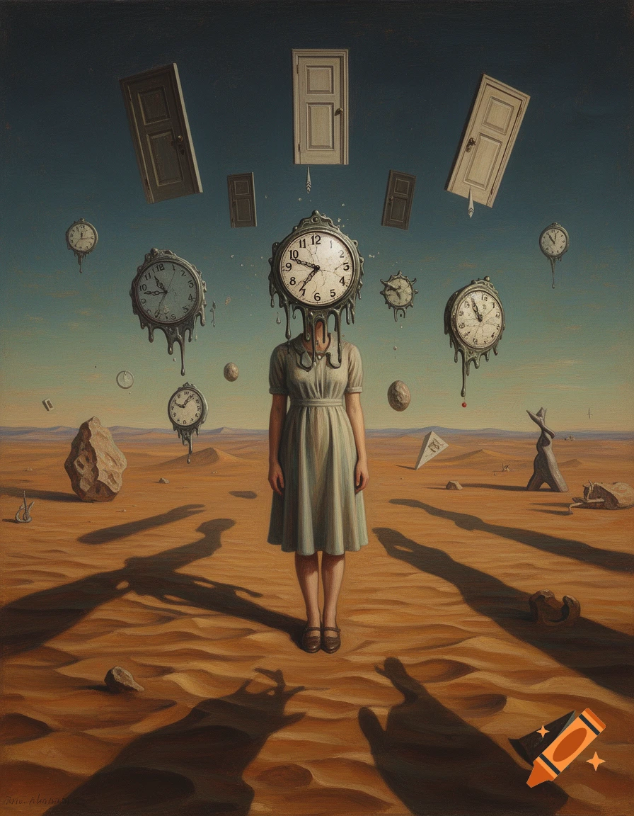 Surrealist oil painting of a woman with a clock face in a desert, surrounded by melting clocks and floating doors.
