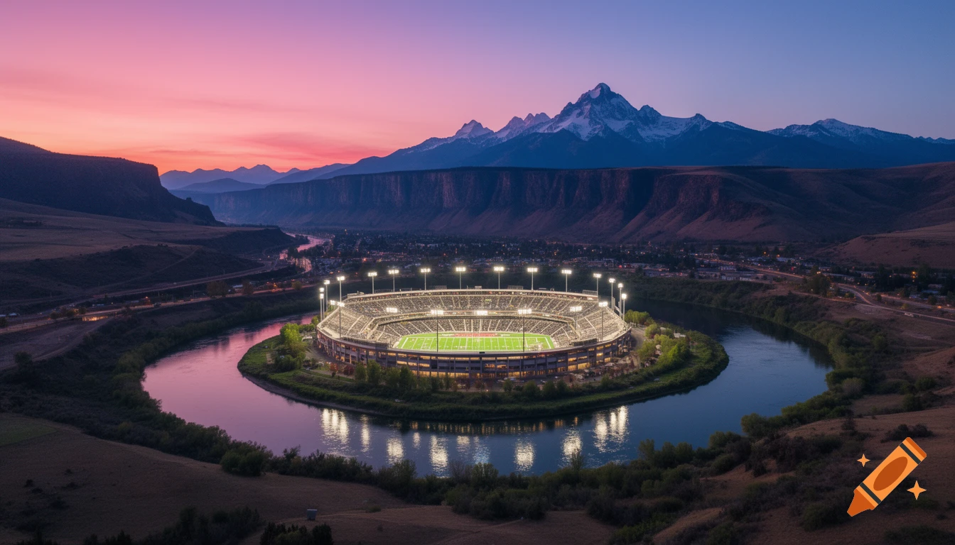 Aerial view of a lit stadium on a river island with mountains and cliffs, set against a vibrant pink and purple sunset.
