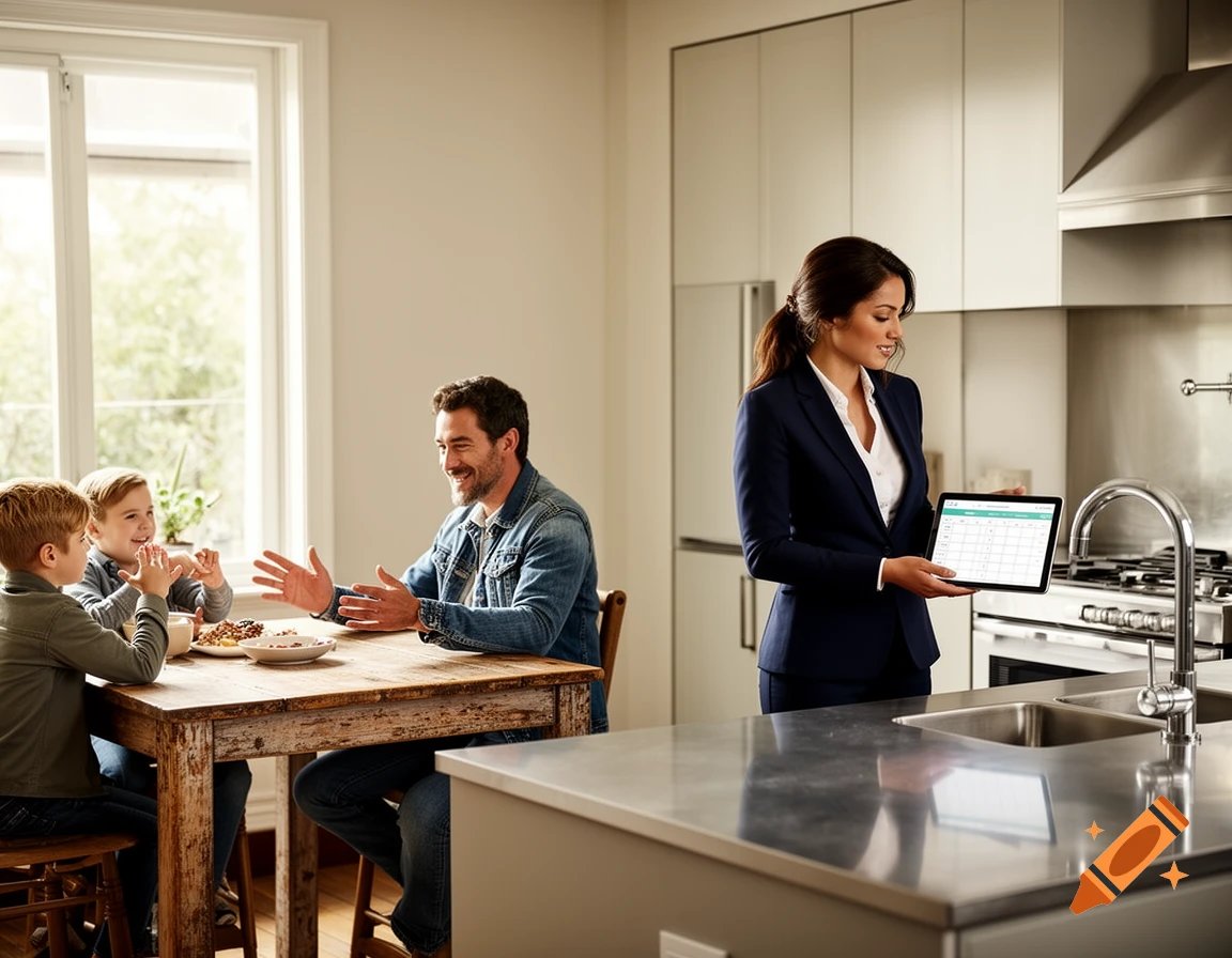 A business woman holds a tablet in a modern kitchen while a man and two children laugh at a dining table, photorealistic.