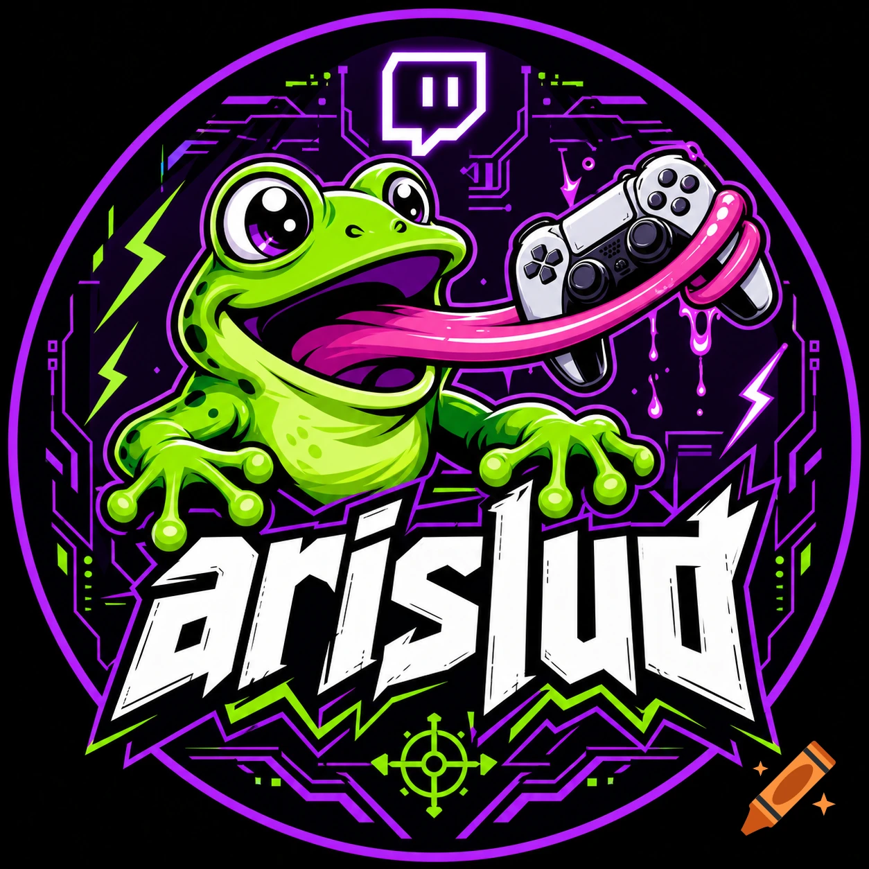 Vibrant cyberpunk gaming logo featuring a cartoon frog catching a controller with its tongue, with 'arislud' text.