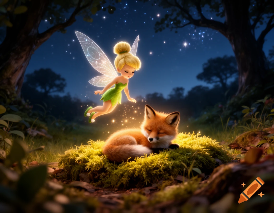 Tinker Bell-like fairy hovers with magic over a sleeping fox on moss in an enchanted forest at night.