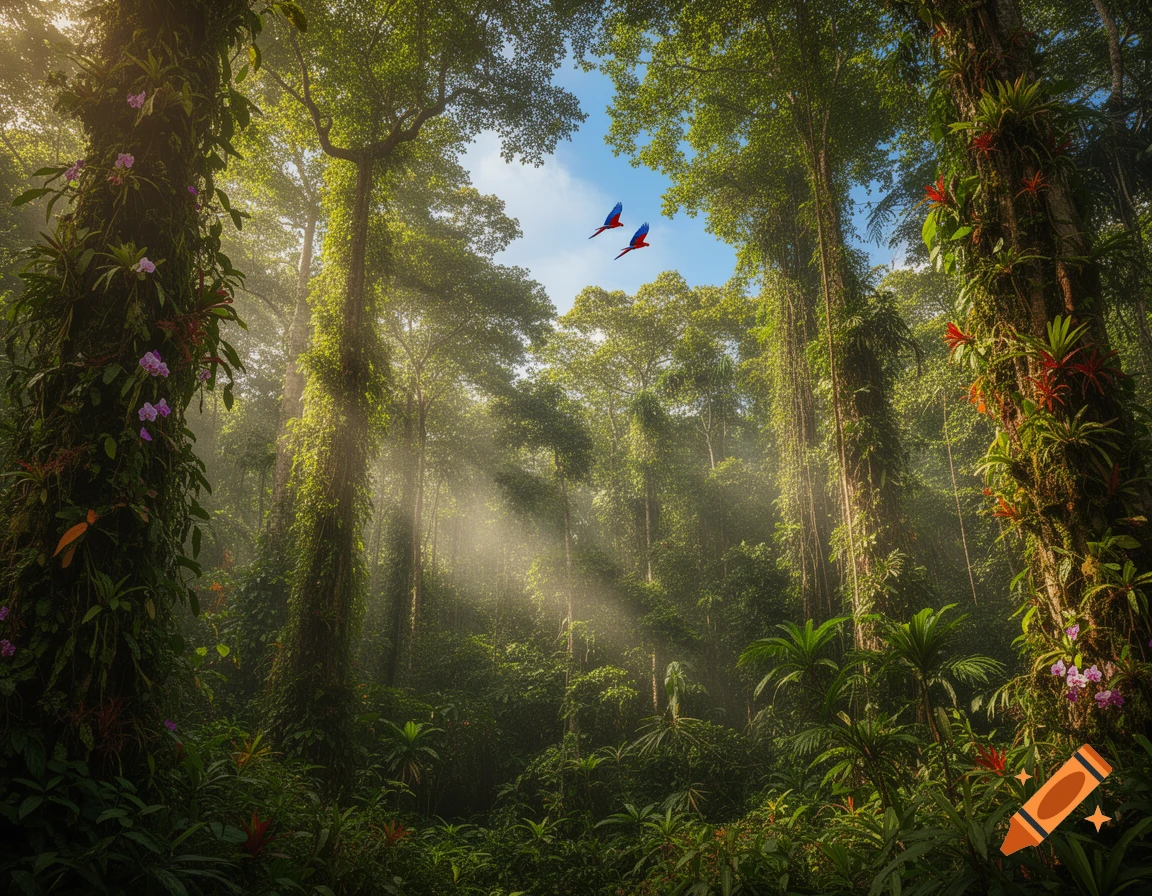 Sunbeams pierce a lush, photorealistic rainforest with towering trees, exotic plants, and two red and blue parrots flying.