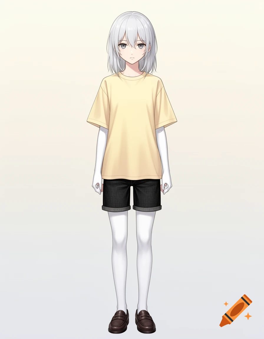 An anime character with pale silver hair, wearing a pastel yellow t-shirt over a white bodysuit, black denim shorts, and brown loafers.