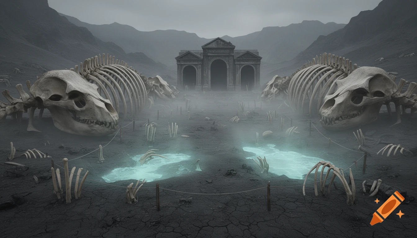 A desolate, ash-gray valley with massive fossilized skeletons, glowing cyan pools, and a weathered mausoleum in the misty distance.