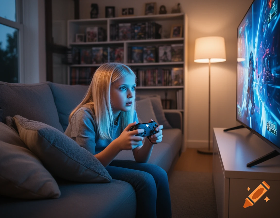 A blonde girl with blue eyes plays Xbox in a dimly lit living room, illuminated by the glowing TV screen.