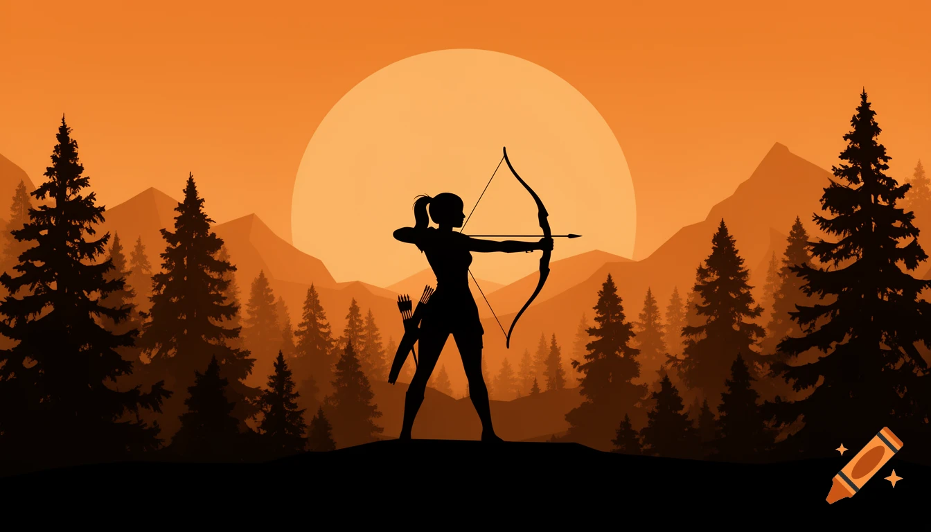 A silhouette of a female archer with a bow and quiver, standing in a pine forest, against an orange sunset and mountains in a layered vector style.
