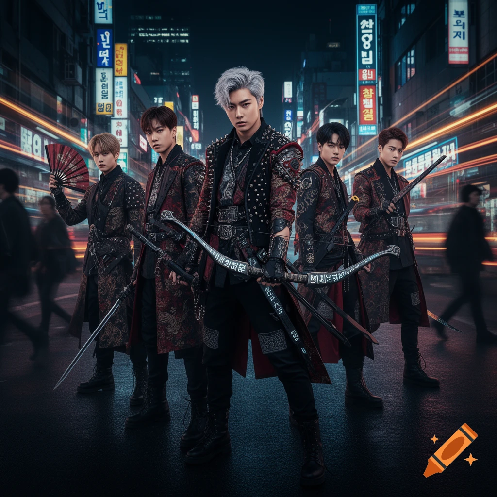 Five K-pop-style men in ornate, dark fantasy attire hold swords and a bow on a bustling city street at night, illuminated by neon signs.