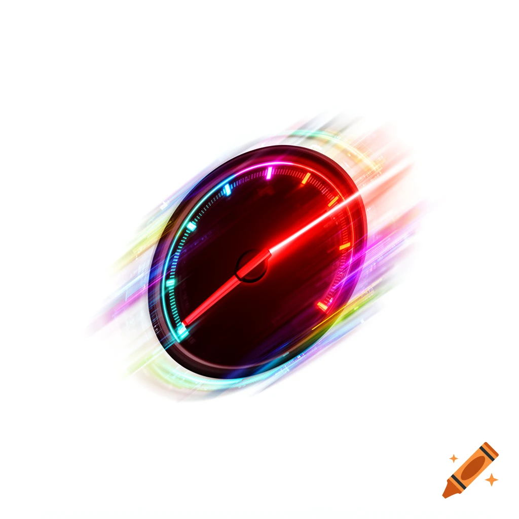 A dark red automotive speed gauge with a bright red needle pointing to maximum, surrounded by dynamic colorful neon light streaks and motion blur on a white background.