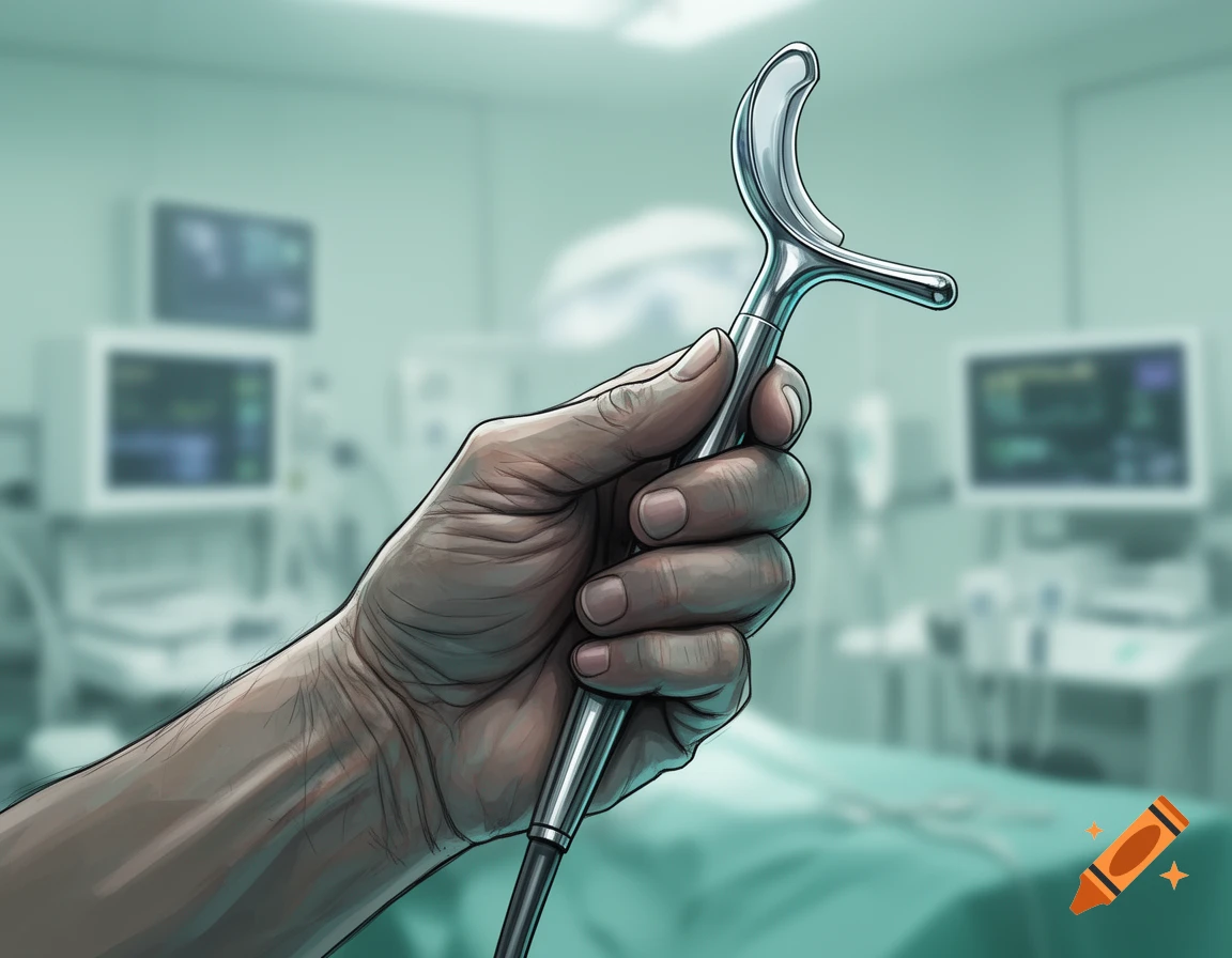 A detailed illustration of a hand holding a metallic laryngoscope in a blurred medical room.