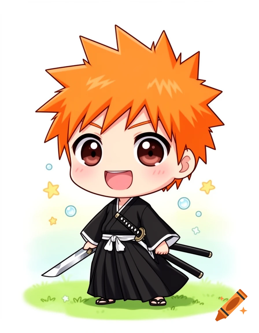 Cute chibi anime character Ichigo from Bleach with spiky orange hair and a katana, smiling in a black kimono.