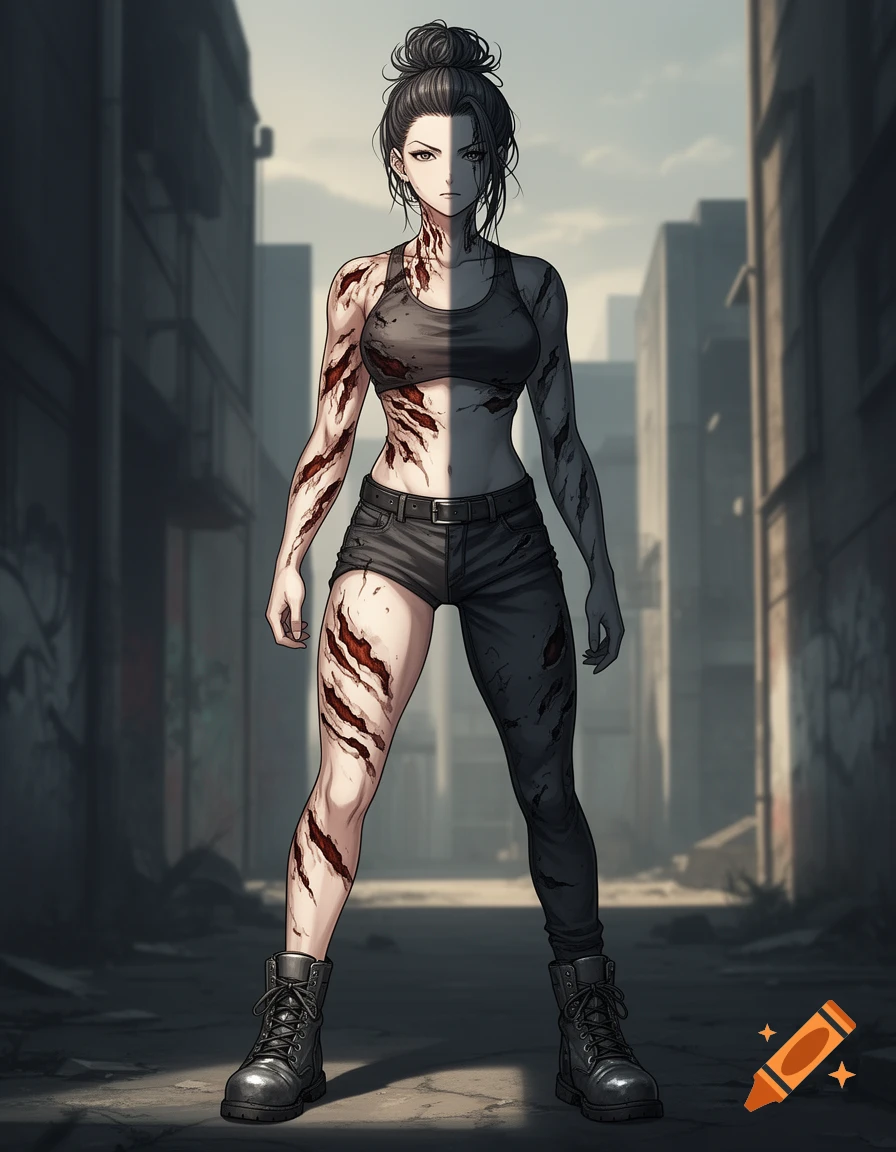 An anime-style woman with dark hair in a bun, wearing a black crop top and shorts, stands in a desolate city alley with stylized red wounds on her left side.