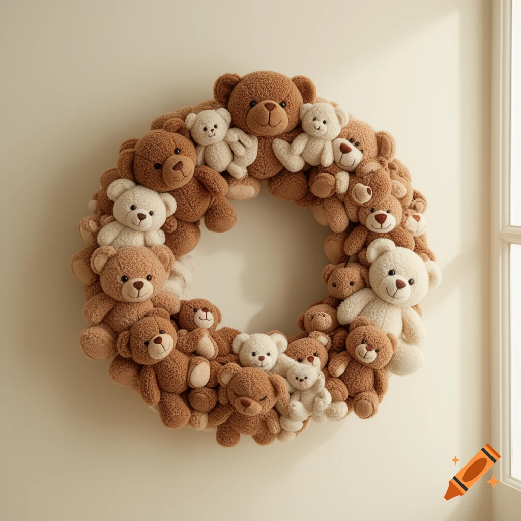 A photorealistic wreath made entirely of brown and white teddy bears hangs on a light-colored wall next to a window.