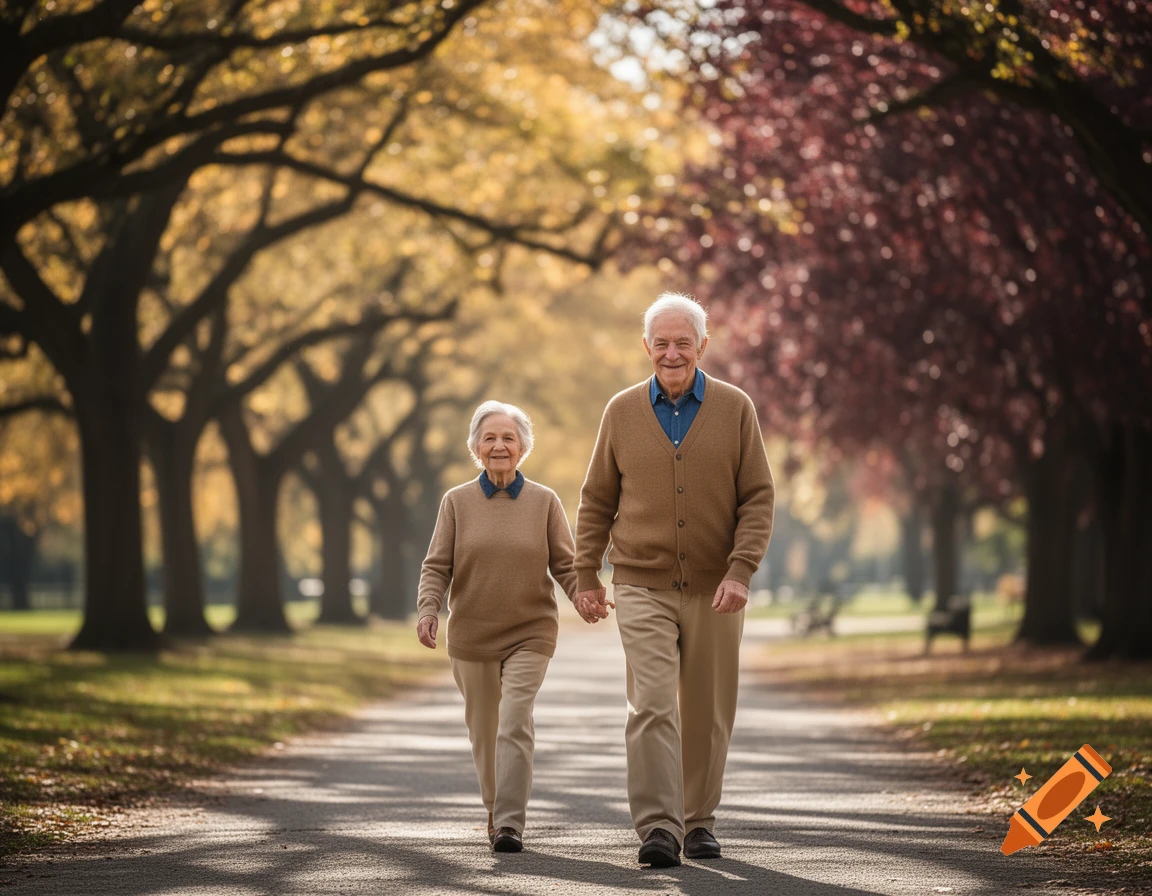 An elderly couple holding hands walks down a sunlit, tree-lined path with autumn foliage.