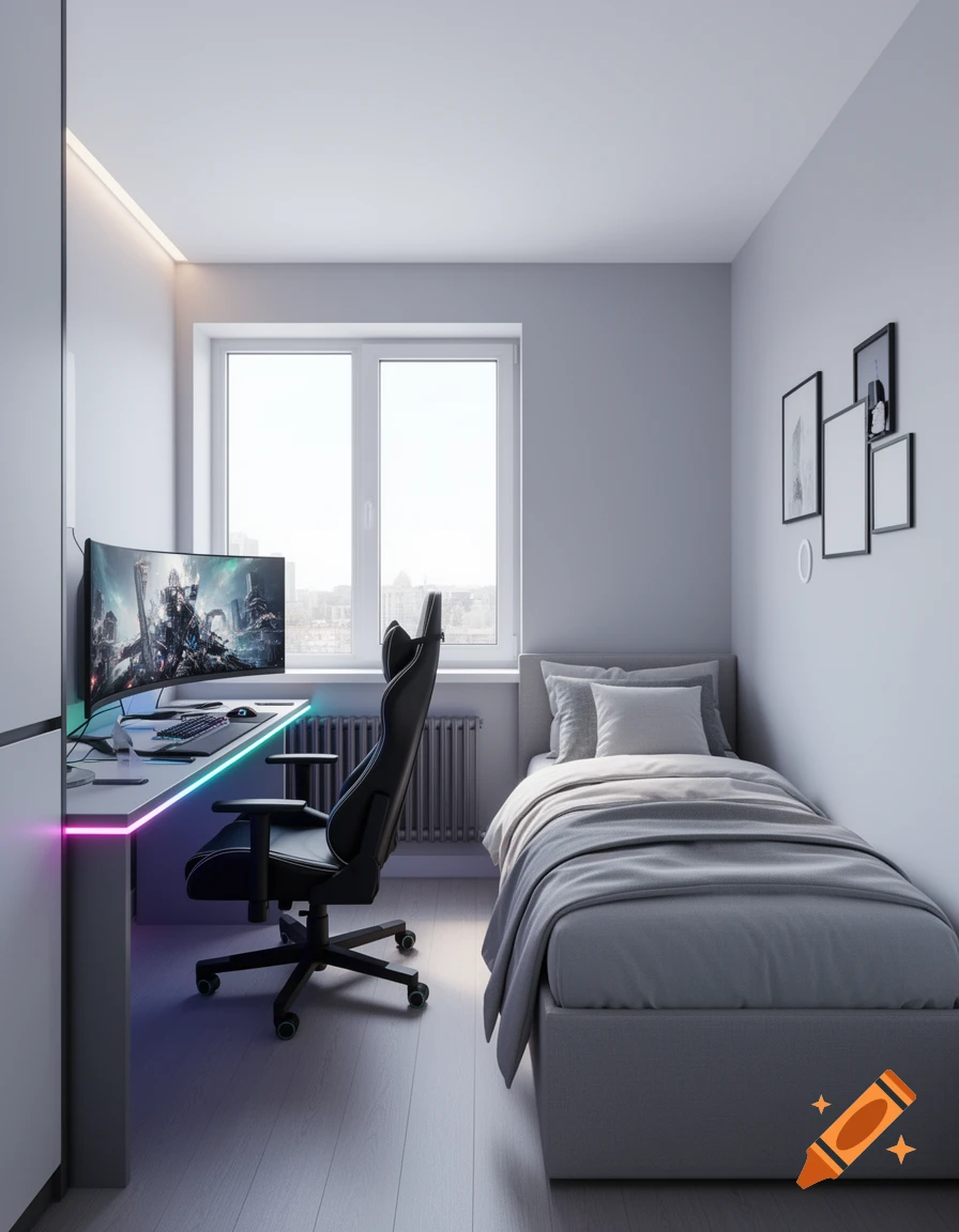A modern bedroom with a sleek gaming desk, curved monitor displaying a game, and a gaming chair. A minimalist bed is on the right.